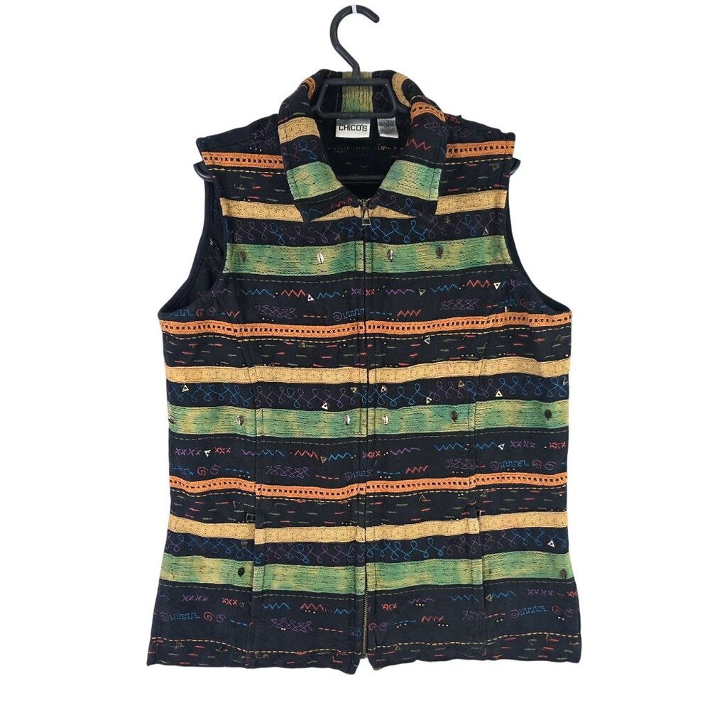 Womens Chicos Multicolor Tribal Print Full Zip Vest Jacket 100% Cotton Size 2